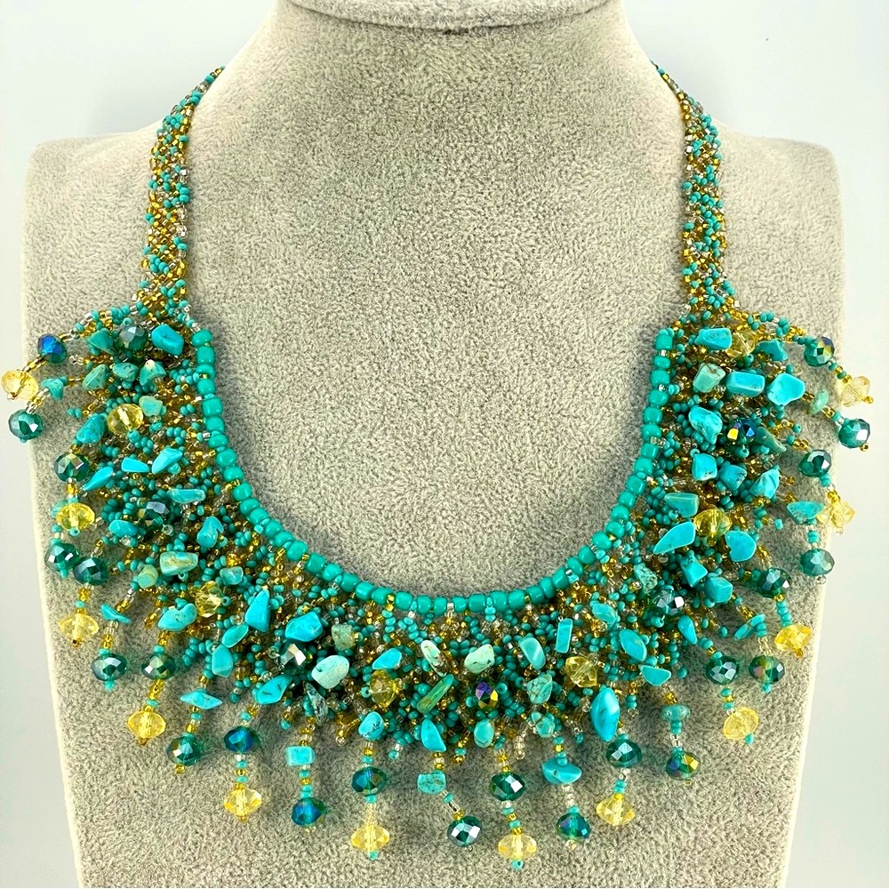 Artisan Handmade Crafted Turquoise Blue Glass Beaded Bib Crochet Necklace